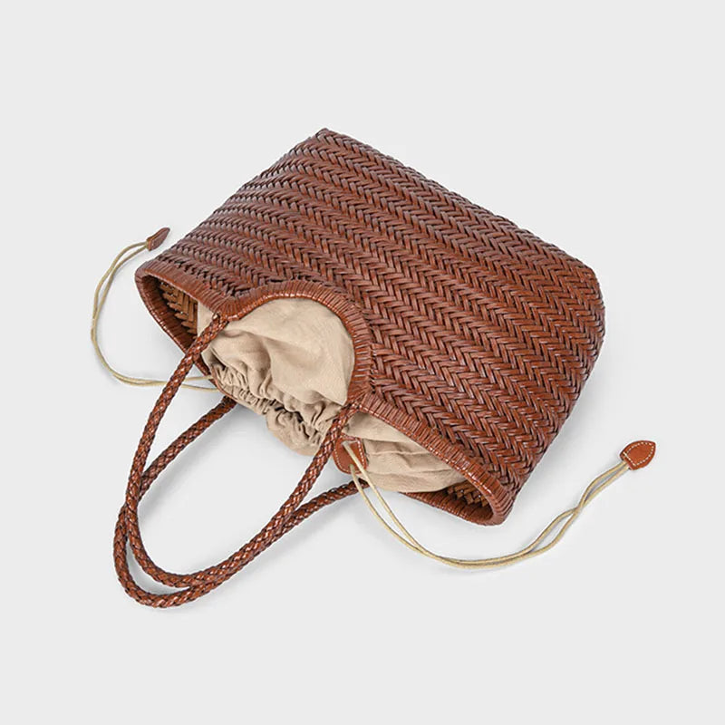 Handwoven Cowhide Vintage Shopping Bag – Casual Bucket Tote