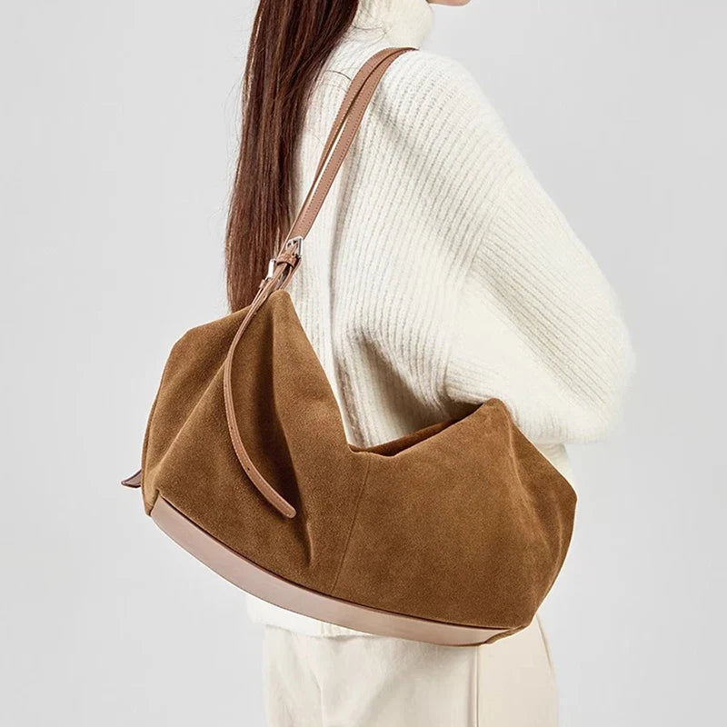 Women’s Suede Cowhide Leather Shoulder Bag – Soft Casual Tote