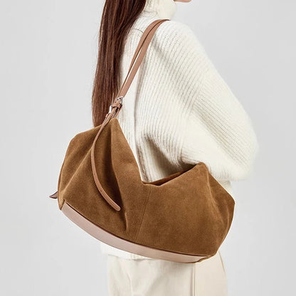 Women’s Suede Cowhide Leather Shoulder Bag – Soft Casual Tote